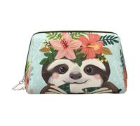 Gold Leather Makeup Bag - Animal Sloth Mint Green Print Travel Cosmetic Bags with Organizer, Portable Toiletry Pouch for Daily Use