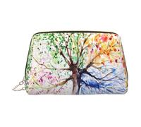 Gold Leather Makeup Bag - Beautiful Four Season Tree Print Travel Cosmetic Bags, Portable Toiletry Organizer, Zipper Pouch for Daily Use