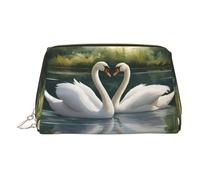 Gold Leather Makeup Bag - Beautiful White Swans on The Lake Print Travel Cosmetic Bags with Handle, Divider, Zipper, Portable Personal Toiletries, Gold, One Size