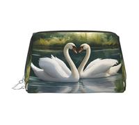 Gold Leather Makeup Bag - Beautiful White Swans on The Lake Print Travel Cosmetic Bags with Handle, Divider, Zipper, Portable Personal Toiletries, Silver, One Size