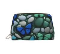 Gold Leather Makeup Bag - Blue butterfly green butterfly and stone Print Travel Cosmetic Bags with Handle, Divider, Zipper, Portable Personal Toiletries, Gold, One Size