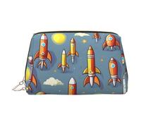 Gold Leather Makeup Bag - Cartoon Rocket Print Travel Cosmetic Organizer with Handle, and Zipper - Perfect for Daily Use