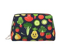 Gold Leather Makeup Bag - Cartoon Vegetable Fruit Print Travel Cosmetic Organizer with Handle, and Zipper - Perfect for Daily Use