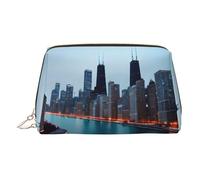Gold Leather Makeup Bag - Chicago Print Travel Cosmetic Organizer with Handle, and Zipper - Perfect for Daily Use