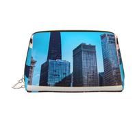 Gold Leather Makeup Bag - Chicago Reflect Print Travel Cosmetic Organizer with Handle, and Zipper - Perfect for Daily Use