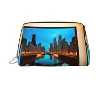 Gold Leather Makeup Bag - Chicago Reflected Print Travel Cosmetic Organizer with Handle, and Zipper - Perfect for Daily Use