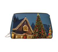 Gold Leather Makeup Bag - Christmas Carnival Village Print Travel Cosmetic Organizer with Handle, and Zipper - Perfect for Daily Use
