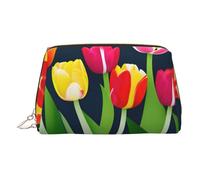 Gold Leather Makeup Bag - Colorful Tulips Pattern Print Travel Cosmetic Organizer with Handle, and Zipper - Perfect for Daily Use