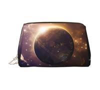 Gold Leather Makeup Bag - Cosmic Shining Planet Print Travel Cosmetic Bags with Organizer, Portable Toiletry Pouch for Daily Use