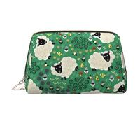 Gold Leather Makeup Bag - Cute Cartoon Sheep Print Travel Cosmetic Bags, Portable Toiletry Organizer, Zipper Pouch for Daily Use