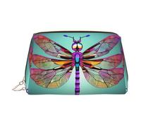 Gold Leather Makeup Bag - Cute Dragonfly Pattern Print Travel Cosmetic Organizer with Handle, and Zipper - Perfect for Daily Use