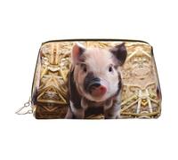 Gold Leather Makeup Bag - Cute Pig Print Travel Cosmetic Bags for Women, Small Organizer with Handle, Zipper Pouch