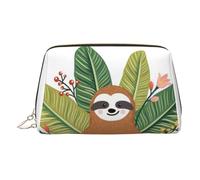 Gold Leather Makeup Bag - Cute Sloth & Leaves Print Travel Cosmetic Bags with Organizer, Portable Toiletry Pouch for Daily Use