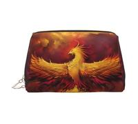 Gold Leather Makeup Bag - Fantasy Phoenix Print Travel Cosmetic Bags for Women, Small Organizer with Handle, Zipper Pouch