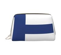 Gold Leather Makeup Bag - Finnish Flag Print Travel Cosmetic Bags for Women, Small Organizer with Handle, Zipper Pouch
