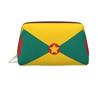 Gold Leather Makeup Bag - Flag of Grenada Print Travel Cosmetic Bags, Portable Toiletry Organizer, Zipper Pouch for Daily Use
