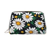 Gold Leather Makeup Bag - Floral Flowers Daisies Print Travel Cosmetic Bags for Women Zipper, Ideal Gifts for Travelers
