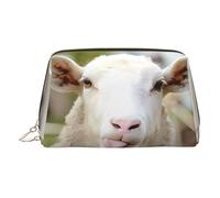 Gold Leather Makeup Bag - Funny Naughty Sheep Tongue Cute Animal Print Travel Cosmetic Bags for Women, Small Organizer with Handle, Zipper Pouch