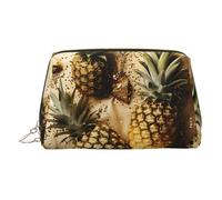Gold Leather Makeup Bag - Gold Glitter Pineapples Fruit Print Travel Cosmetic Organizer with Handle, and Zipper - Perfect for Daily Use