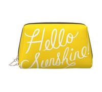 Gold Leather Makeup Bag - Goodlooking Hello Sunshine Print Travel Cosmetic Bags for Women, Small Organizer with Handle, Zipper Pouch