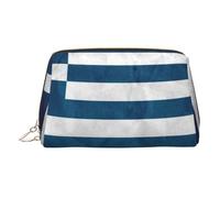 Gold Leather Makeup Bag - Greek Flag Print Travel Cosmetic Bags for Women Zipper, Ideal Gifts for Travelers
