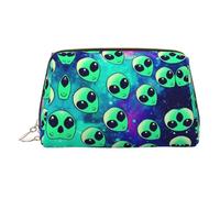 Gold Leather Makeup Bag - Green Alien Print Travel Cosmetic Bags for Women, Small Organizer with Handle, Zipper Pouch