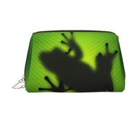 Gold Leather Makeup Bag - Green Frog Shadow Print Travel Cosmetic Bags, Portable Toiletry Organizer, Zipper Pouch for Daily Use