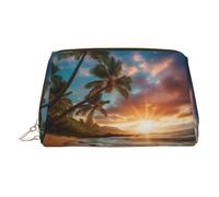 Gold Leather Makeup Bag - Hawaiian Beach with Palm Trees Print Travel Cosmetic Organizer with Handle, and Zipper - Perfect for Daily Use