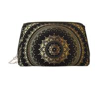 Gold Leather Makeup Bag - Kaleidoscope Mandala Print Travel Cosmetic Bags for Women, Small Organizer with Handle, Zipper Pouch