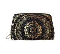 Gold Leather Makeup Bag - Kaleidoscope Mandala Print Travel Cosmetic Bags, Portable Toiletry Organizer, Zipper Pouch for Daily Use