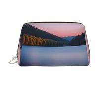 Gold Leather Makeup Bag - Lake Under Sunset Print Travel Cosmetic Organizer with Handle, and Zipper - Perfect for Daily Use