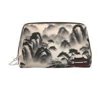 Gold Leather Makeup Bag - Landscape Painting Print Travel Cosmetic Organizer with Handle, and Zipper - Perfect for Daily Use