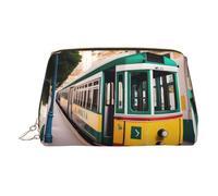 Gold Leather Makeup Bag - Lisbon Tram Pattern Print Travel Cosmetic Organizer with Handle, and Zipper - Perfect for Daily Use