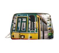 Gold Leather Makeup Bag - Lisbon Tram Print Travel Cosmetic Bags, Organizer with Handle, Portable Personal Toiletries