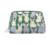 Gold Leather Makeup Bag - Many Bunny Cute Print Travel Cosmetic Organizer with Handle, and Zipper - Perfect for Daily Use