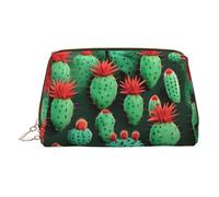 Gold Leather Makeup Bag - Many Small Cactus Art Print Travel Cosmetic Organizer with Handle, and Zipper - Perfect for Daily Use