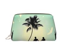 Gold Leather Makeup Bag - Married Couple Walking on The Beach Print Travel Cosmetic Bags, Portable Toiletry Organizer, Zipper Pouch for Daily Use