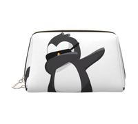 Gold Leather Makeup Bag - Penguin Dabbing Print Travel Cosmetic Bags, Portable Toiletry Organizer, Zipper Pouch for Daily Use