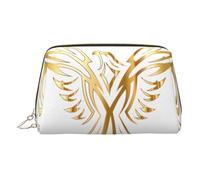 Gold Leather Makeup Bag - Phoenix Print Travel Cosmetic Bags for Women, Small Organizer with Handle, Zipper Pouch