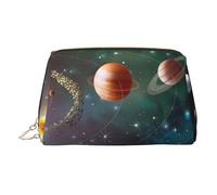 Gold Leather Makeup Bag - Planet Space Solar System Print Travel Cosmetic Bags, Portable Toiletry Organizer, Zipper Pouch for Daily Use