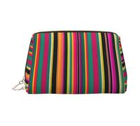 Gold Leather Makeup Bag - Rainbow Colored Striped Print Travel Cosmetic Organizer with Handle, and Zipper - Perfect for Daily Use