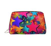 Gold Leather Makeup Bag - Rainbow Stars Print Travel Cosmetic Organizer with Handle, and Zipper - Perfect for Daily Use