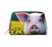 Gold Leather Makeup Bag - Rape Flower Pig Print Travel Cosmetic Organizer with Handle, and Zipper - Perfect for Daily Use