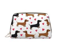 Gold Leather Makeup Bag - Romantic Dachshunds Print Travel Cosmetic Bags for Women, Small Organizer with Handle, Zipper Pouch