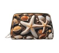 Gold Leather Makeup Bag - Starfish and Shells Print Travel Cosmetic Organizer with Handle, and Zipper - Perfect for Daily Use