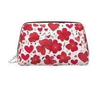 Gold Leather Makeup Bag - Valentine's Day Red Heart Flower Print Travel Cosmetic Organizer with Handle, and Zipper - Perfect for Daily Use