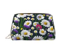 Gold Leather Makeup Bag - Wild Flowers and Cornflowers Daisies Print Travel Cosmetic Organizer with Handle, and Zipper - Perfect for Daily Use