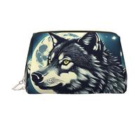 Gold Leather Makeup Bag - Wolf Night Moon Print Travel Cosmetic Bags with Handle, Divider, Zipper, Portable Personal Toiletries, Gold, One Size