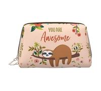 Gold Leather Makeup Bag - You are Awesome Sloth Print Travel Cosmetic Bags, Portable Toiletry Organizer, Zipper Pouch for Daily Use