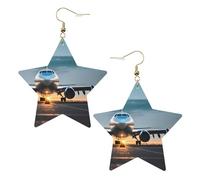 Gold Leather Star Earrings for Women - Airplane in The Evening Light Print Dangle Jewelry, Party Favors, and Fashionable Accessories